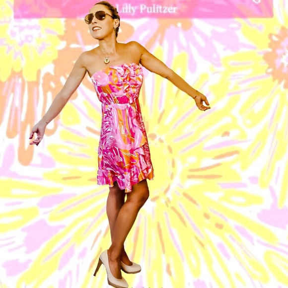 Lilly Pulitzer Dresses & Skirts - Lilly P. Orange & Pink Flamingo Strapless Dress